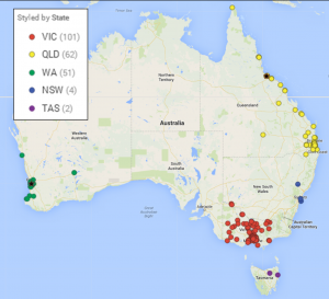 Map of Australia showing all 220 secondary schools linked to the FARLabs program. Schools are colour coded as red (Victoria), white (Western Australia), blue (New South Wales), yellow (Queensland) and purple (Tasmania).